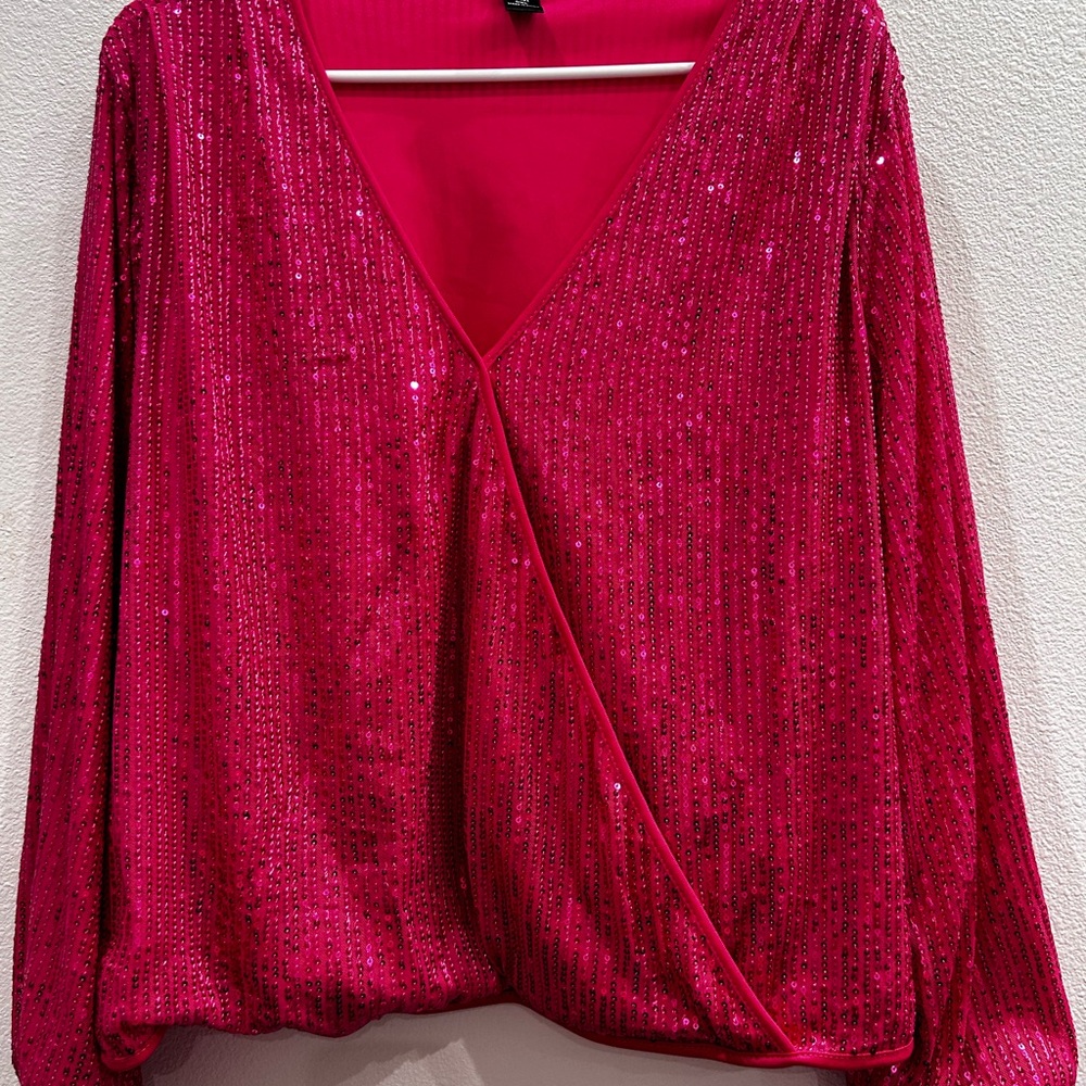 SHEIN Curve sequin long sleeve hot pink top